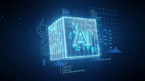Artificial Intelligence AI Cube with Digital Data Background Stock Footage 324716153