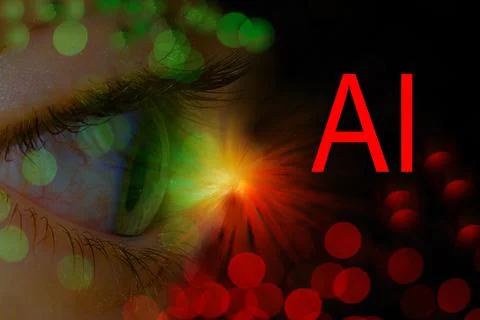 Artificial intelligence AI with an eye with red and green lights Stock Photos