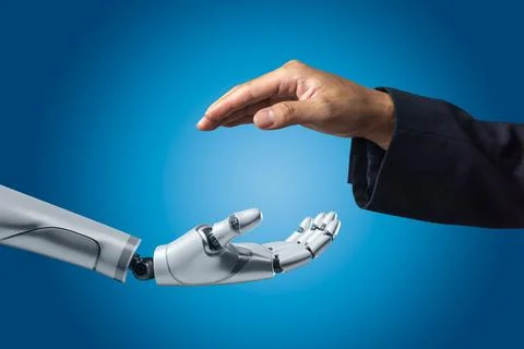 Artificial intelligence AI hand robot white 3d rendering and hand people on.. Stock Photos