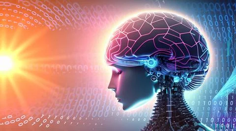 Artificial intelligence. AI head with neural network brain hanging over virtu Stock Illustration