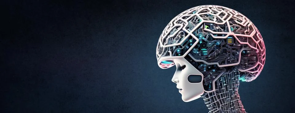 Artificial intelligence. AI head with neural network brain. Wise female face  Stock Illustration