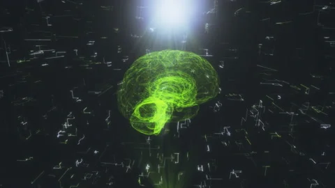 Artificial Intelligence AI. The hologram of the human brain is green in the rays Stock Footage 134607782