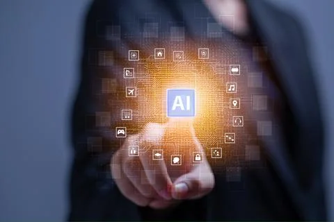 Artificial Intelligence (AI), human hand touching on big data network connect Stock Photos