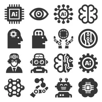 Artificial Intelligence AI Icons Set on White Background. Vector Stockillustratie