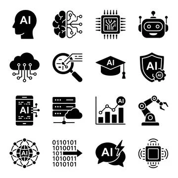 Artificial Intelligence AI icons set, including human head silhouette, brai.. Stock Illustration