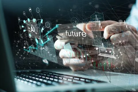 Artificial Intelligence AI, Internet of Things IoT concept. Business man using Stock Photos