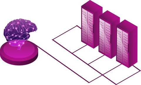 Artificial Intelligence (AI) isometric illustration of servers and brain fo.. Stock Illustration