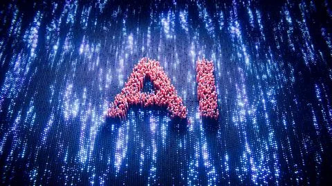 Artificial intelligence AI letters glowing in blue data background. Stockillustratie
