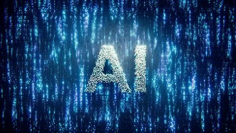 Artificial intelligence AI letters glowing on blue digital background. Stock Illustration