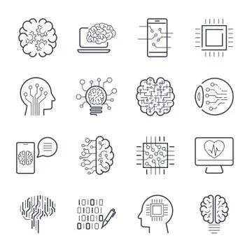 Artificial intelligence AI line icons. Robot intellect and cyborg chip mind 스톡 일러스트