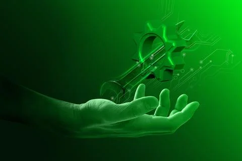 Artificial intelligence (AI) in maintenance. Digital wrench and cogwheel le.. Stock Photos
