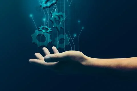 Artificial intelligence (AI) in maintenance. Digital cogwheels levitating o.. Stock Photos