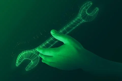 Artificial intelligence (AI) in maintenance. Digital wrench levitating over.. Stock Photos