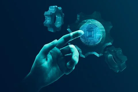 Artificial intelligence (AI) in maintenance. Hand touching cogwheels in cyb.. Stock Photos