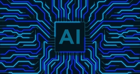 An Artificial Intelligence AI microchip with neon blue energy network circuits Stockbeeldmateriaal 337427218