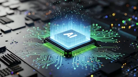 Artificial Intelligence AI Microchip Processor with Glowing Circuit Paths Stock Footage 339267559