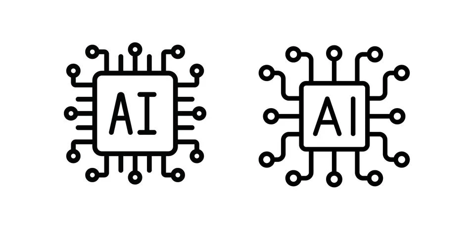 Artificial intelligence AI processor chip outline icon set Stock-Illustration