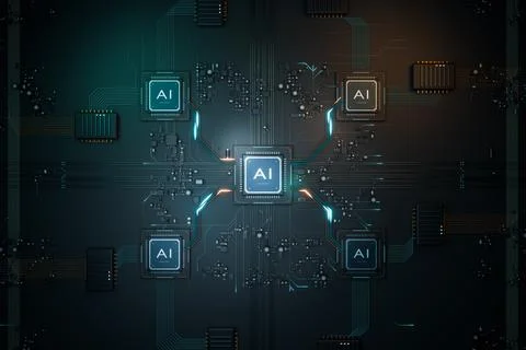 Artificial intelligence AI processor chip on circuit board. 3d render Stock Illustration