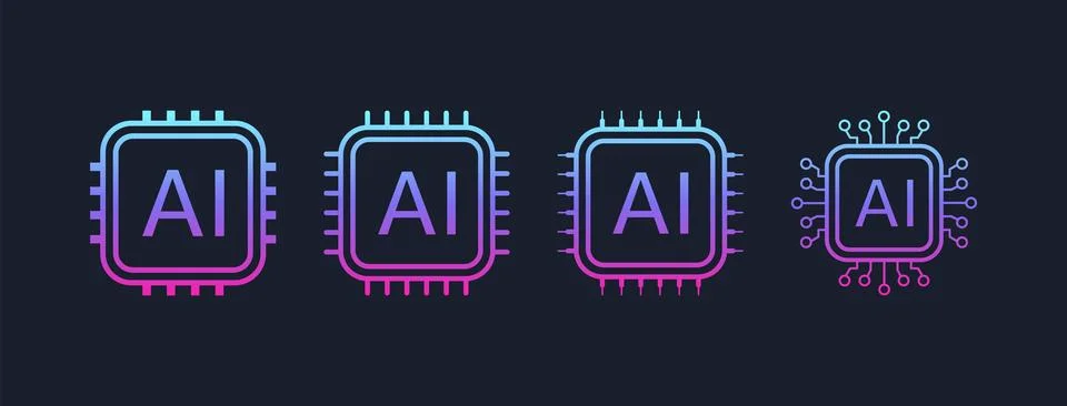 Artificial Intelligence AI Processor Circuit, Colorful Microchip Icons 库存插图