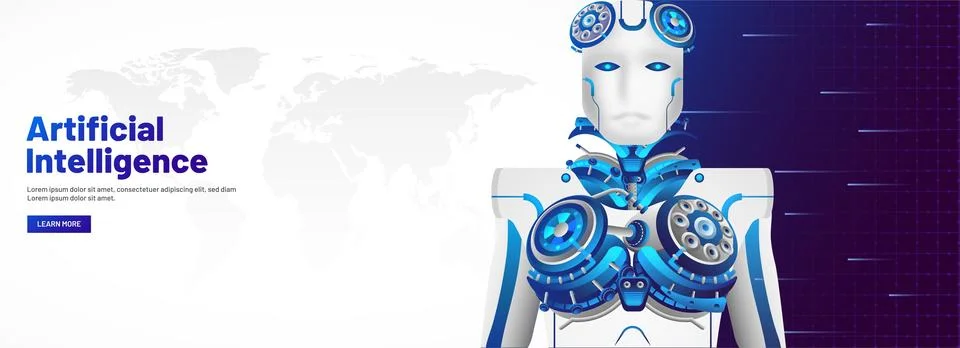 Artificial Intelligence (AI) responsive web banner design, Humanoid robot t.. Stock Illustration