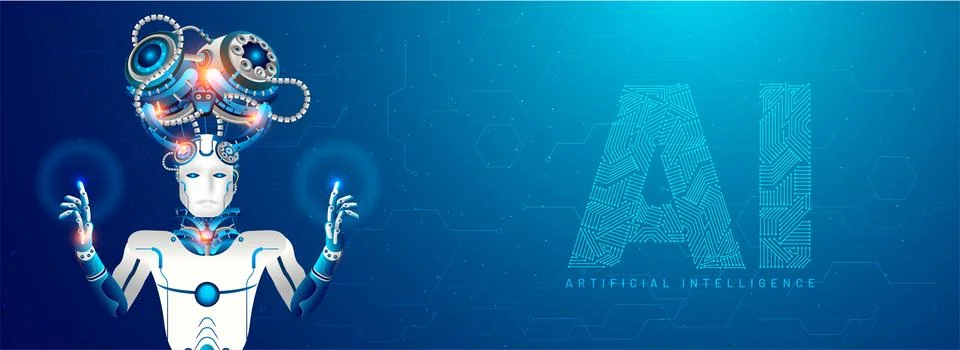 Artificial Intelligence (AI) responsive web banner design, Humanoid robot t.. Stock Illustration