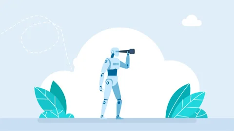 Artificial intelligence with ai robot looking through telescope into future Видео 331079426