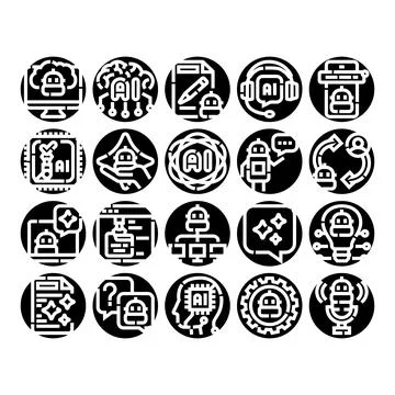 Artificial intelligence ai robotic technology glyph icons set Stock Illustration