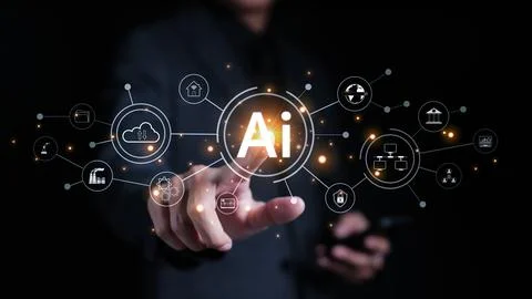 Artificial Intelligence (AI) technology concept. Businessman hand touching. Stock Photos