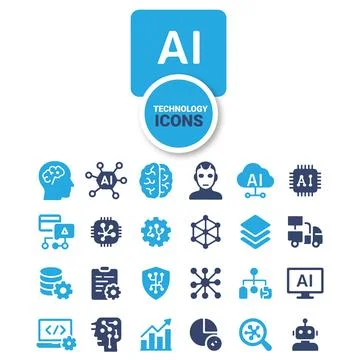 Artificial Intelligence &amp; AI Technology Icon Set  Future Tech, Machine Learning 스톡 일러스트