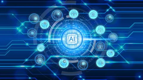 Artificial Intelligence (AI) technology icon over the Network connection, Art Stock Photos