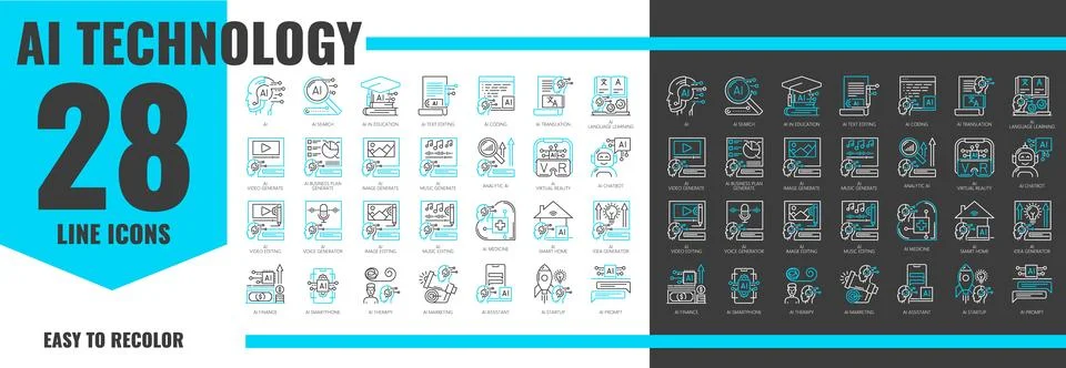Artificial intelligence AI technology line icons Stock Illustration