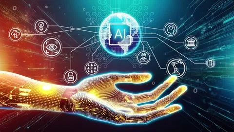 Artificial Intelligence AI technology on man hand. Robot AI innovative chatbot Vidéo 286804519