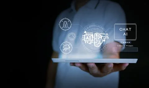 Artificial Intelligence. AI technology. A man uses chat Ai tech on his tabl.. 写真素材