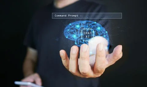Artificial Intelligence. AI technology. A man uses chat Ai tech on his hand.. Foto stock
