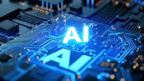Artificial Intelligence AI Text Overlay on Microchip Circuit Board Stock Footage 339267567