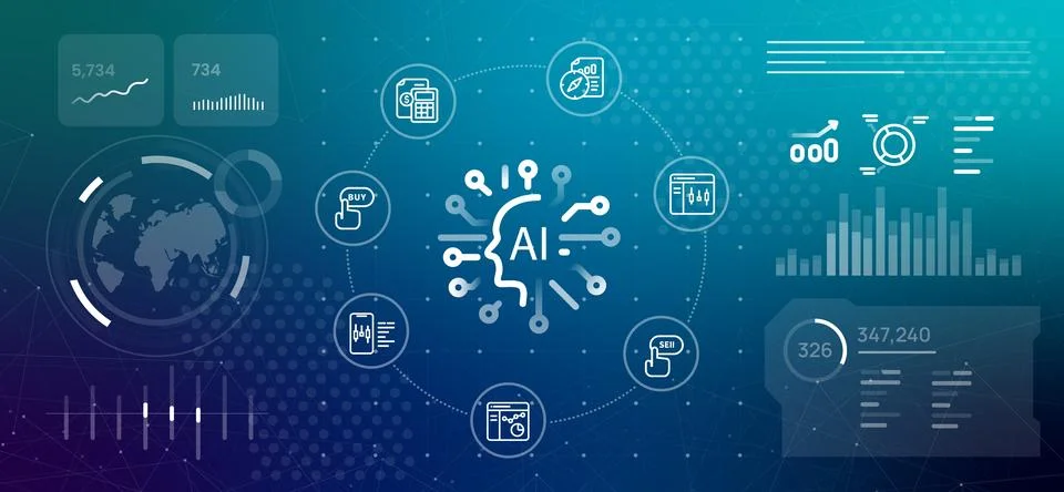 Artificial intelligence AI trading dashboard concept financial icons for Stock-Illustration