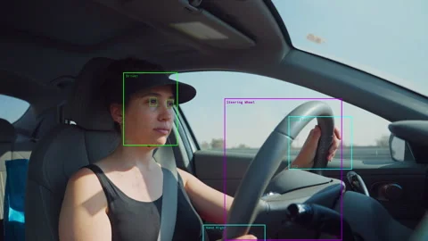 Artificial intelligence algorithm analysis as female is driving vehicle on road Vídeo Stock 313935876