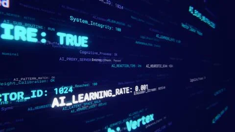 Artificial intelligence algorithms and data processing appearing as source code Stock Illustration
