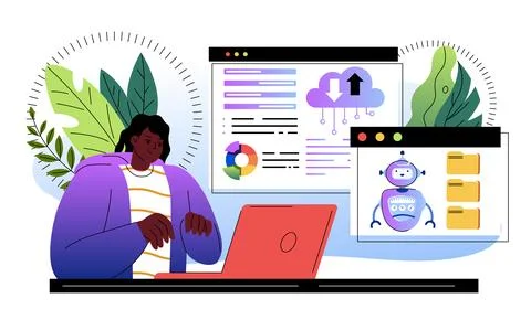 Artificial intelligence analyzes data. Woman with laptop together with virtual Stockillustratie