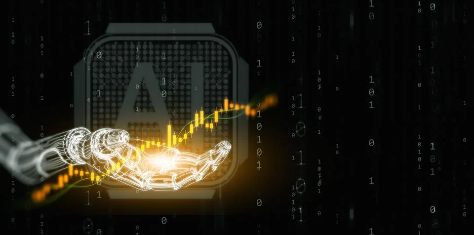 Artificial intelligence analyzing financial data for smart investment. Robo.. Illustrazione stock