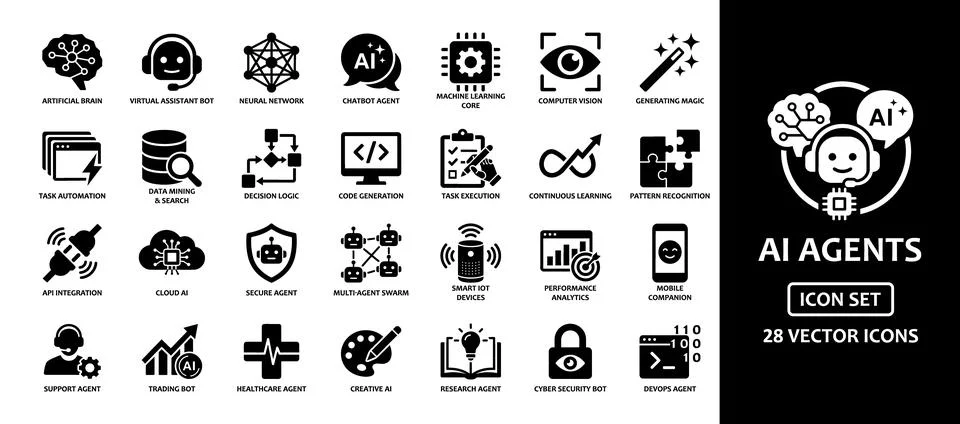 Artificial Intelligence and AI Agents solid icon set. Featuring chatbot ass.. Illustrazione stock