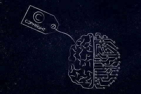 Artificial intelligence and authorship,  half human brain with copyright ta.. Illustrazione stock
