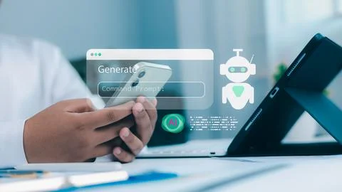 Artificial intelligence and automation concept. Person using smartphone wit.. Stock Photos