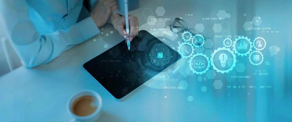 Artificial Intelligence and Automation Workflow System Illustrated on a Digit Foto stock