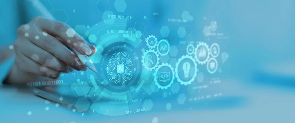 Artificial Intelligence and Automation Workflow System Illustrated on a Digit 스톡 사진