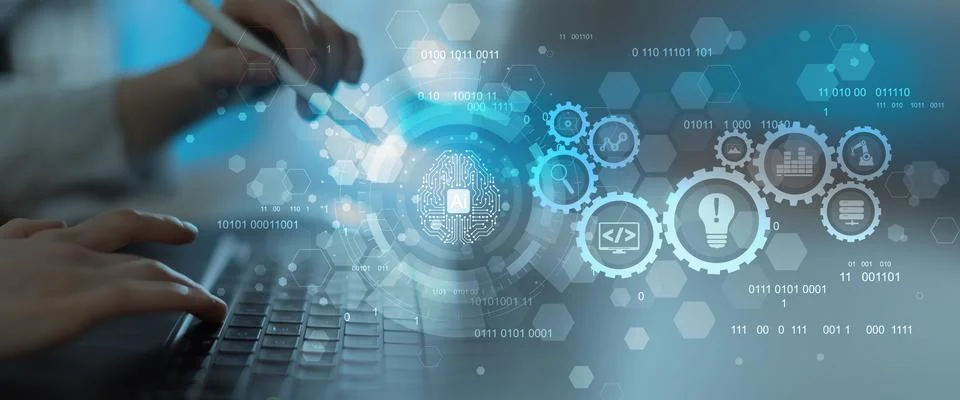 Artificial Intelligence and Automation Workflow System Illustrated on a Digit 写真素材