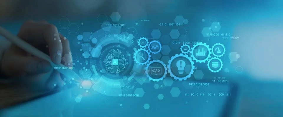 Artificial Intelligence and Automation Workflow System Illustrated on a Digit Foto stock