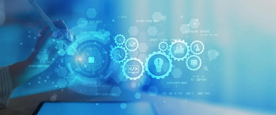 Artificial Intelligence and Automation Workflow System Illustrated on a Digit 스톡 사진