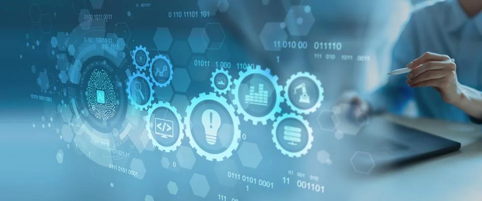 Artificial Intelligence and Automation Workflow System Illustrated on a Digit Foto stock
