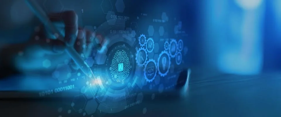 Artificial Intelligence and Automation Workflow System Illustrated on a Digit Stock Photos